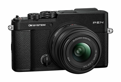 OM System PEN mirrorless camera with Olympus M.Zuiko Digital lens attached