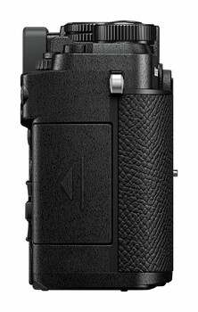Compact rangefinder camera shown from rear three-quarter view against white background