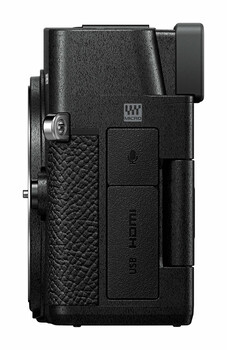 Sony a6400 mirrorless camera shown from the side, displaying grip, ports, and control layout