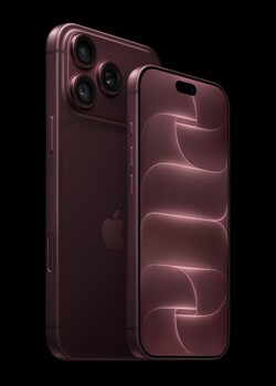 Two burgundy smartphones displayed against black background showing camera and display design