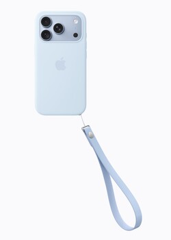Light blue smartphone case with wrist strap attached
