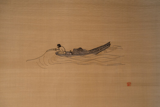 Ink drawing of a figure reclining in a boat with stylized water waves
