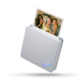 Illustration of a portable photo printer with instant print emerging from the top slot