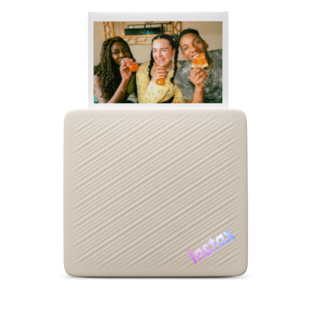Portable instant photo printer with diagonal stripe pattern and LED display panel