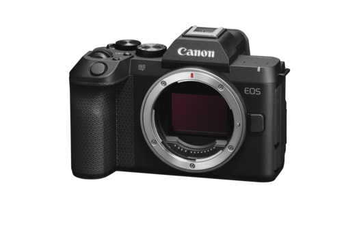 Canon EOS mirrorless camera body shown from front three-quarter angle against white background