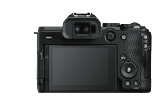 Canon EOS R5C mirrorless camera displayed from rear showing LCD screen and control buttons