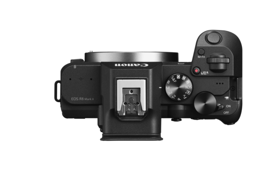 Canon EOS R5 Mark II mirrorless camera shown from overhead with top-mounted controls visible