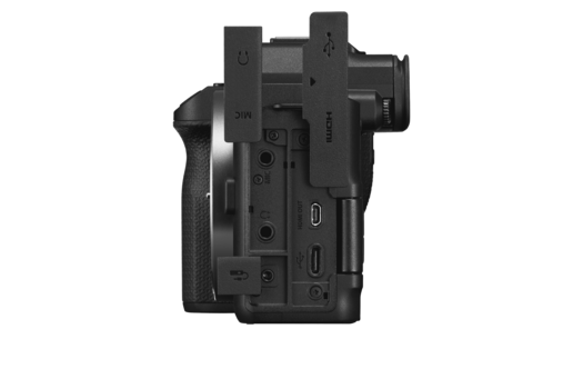 Sony Alpha mirrorless camera shown from rear three-quarter view displaying control panel and ports