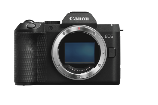 Canon EOS R5 mirrorless camera body displayed front-on against white background