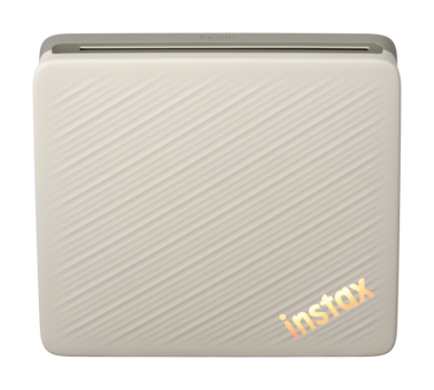 Instax Mini Evo cream-colored hybrid instant camera with diagonal stripe pattern and metallic top plate
