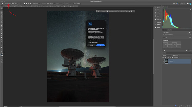Screenshot of Adobe Photoshop displaying a composite image of two satellite dishes against a starry night sky