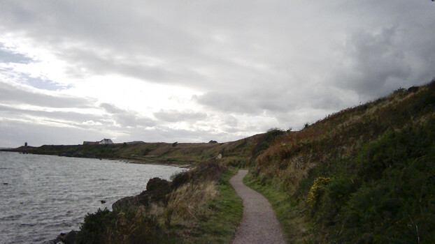 Coastal hiking path winding along dramatic seaside cliffs under overcast sky