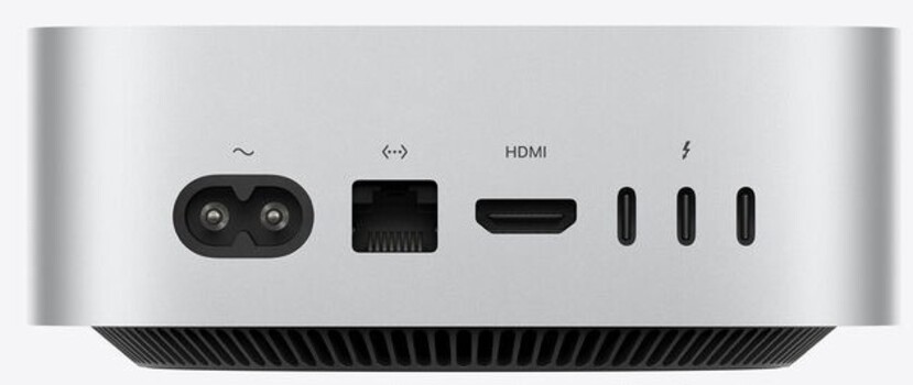 Apple Mac mini with M5 Pro, rear view with three Thunderbolt 5 ports, HDMI, and Ethernet