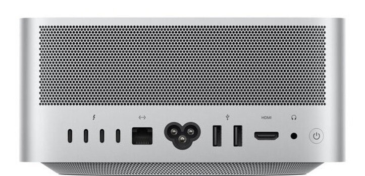 Apple Mac Studio with M5 Ultra, rear view with four Thunderbolt 5 ports, 10 Gb Ethernet, two USB-A, and HDMI