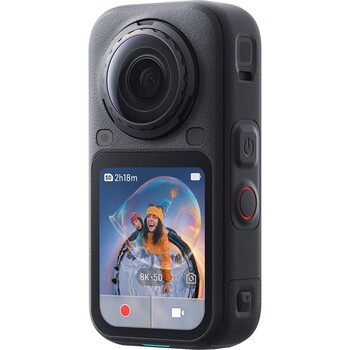 Insta360 X6 360-degree camera, front view with its screen on
