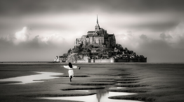 Solitary figure in waders walking through tidal flats toward Mont-Saint-Michel