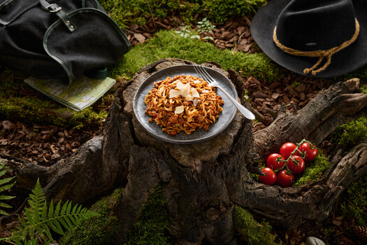 Image "Trail Meal in the Forest – Wolftrack Pasta on a Mossy Tree Stump" by Matthias Schmitt
