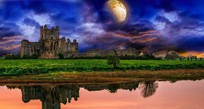 Image "Majestic castle landscape with the night sky and full moon" by Melandi Smit