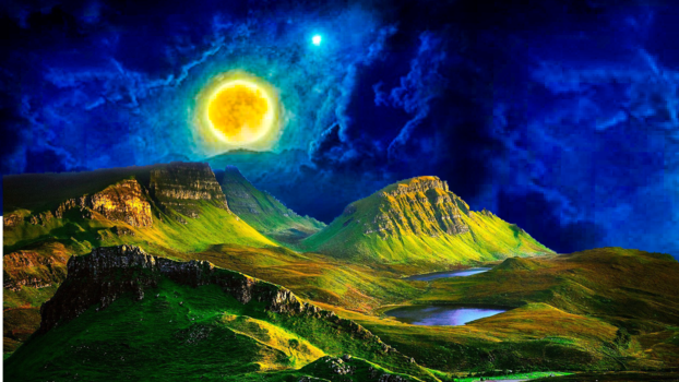 Image "Fantasy landscape with green fields and an idyllic horizon" by Melandi Smit