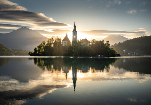 Image "Lake Bled sunrise reflection" by Nina Lozej