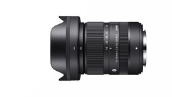 Black telephoto zoom lens with lens hood attached, shown in side profile against white background.