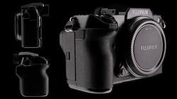 Fujifilm mirrorless camera body shown from multiple angles against black background.