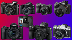 Collection of eight compact and mirrorless digital cameras from Canon, Sony, Nikon, and Fujifilm arranged against a red-to-purple gradient background.