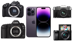 Comparison of five digital cameras: two Canon DSLRs, an iPhone 14 Pro, a Fujifilm rangefinder, and a Sony mirrorless camera.