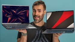 Man holding two open laptops displaying different geometric abstract wallpapers against a blue background.