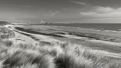 Coastal beach landscape with marram grass dunes in foreground and distant sea horizon under overcast sky.