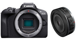 Canon EOS R50 mirrorless camera body and RF-S 18-45mm lens displayed against white background.