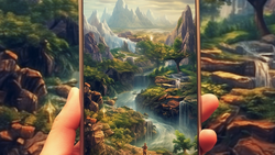 Hand holding smartphone displaying a fantastical landscape with mountains, river, and lush valley scenery.