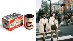 Vintage Japanese product packaging and film photograph of an urban street scene with pedestrians.