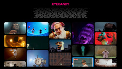 Screenshot of EYECANDY website showing grid of colorful film and video stills with vibrant lighting and visual effects.