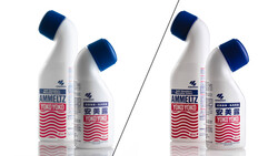Two product comparison shots of cleaning bottles with blue caps and red wavy label designs, shown side-by-side.