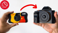 Comparison showing a yellow and black compact film camera on the left transforming into a modern digital mirrorless camera on the right.