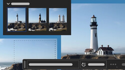 Screenshot of photo editing interface showing lighthouse image selection and editing tools.