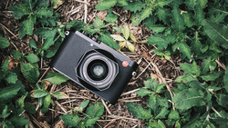 Black rangefinder camera with textured grip resting on forest floor surrounded by green foliage and brown leaf litter.