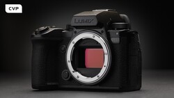 Panasonic Lumix full-frame mirrorless camera body with open sensor housing against dark background.