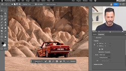 Screenshot of Photoshop with a red vintage car composited into a desert landscape during editing.
