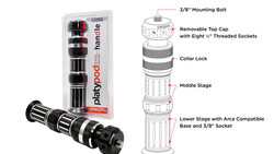Illustration of a modular photography light modifier with component breakdown showing mounting bolt, removable top cap, collar lock, middle stage, and base.