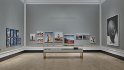 Gallery wall displaying framed photographs of varying sizes arranged symmetrically around a central display case.