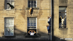 Composite street art featuring taxidermied animals arranged on a building facade with windows and figures interacting with them.