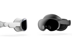 Illustration comparing two VR headsets: a white device with a controller on the left and a dark gray headset on the right.