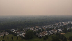 Suburban neighborhood nestled against dense forest under hazy, overcast sky.