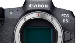 Canon EOS R5 mirrorless camera body front view showing lens mount and sensor.