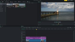 Screenshot of video editing software with seascape photograph and timeline showing color correction adjustments.