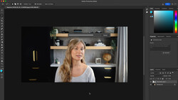 Screenshot of Adobe Photoshop showing a portrait of a woman in a modern kitchen setting.