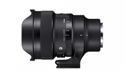 Black telephoto lens with focus ring and depth-of-field scale markings, shown in profile against white background.