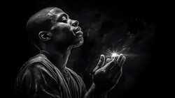 Man with head tilted back and hands raised in prayer or supplication against dark background.